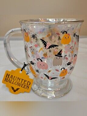 Haunted Halloween Glass Mug | 15 oz | Cute Spooky Pumpkin & Ghost Design NWT